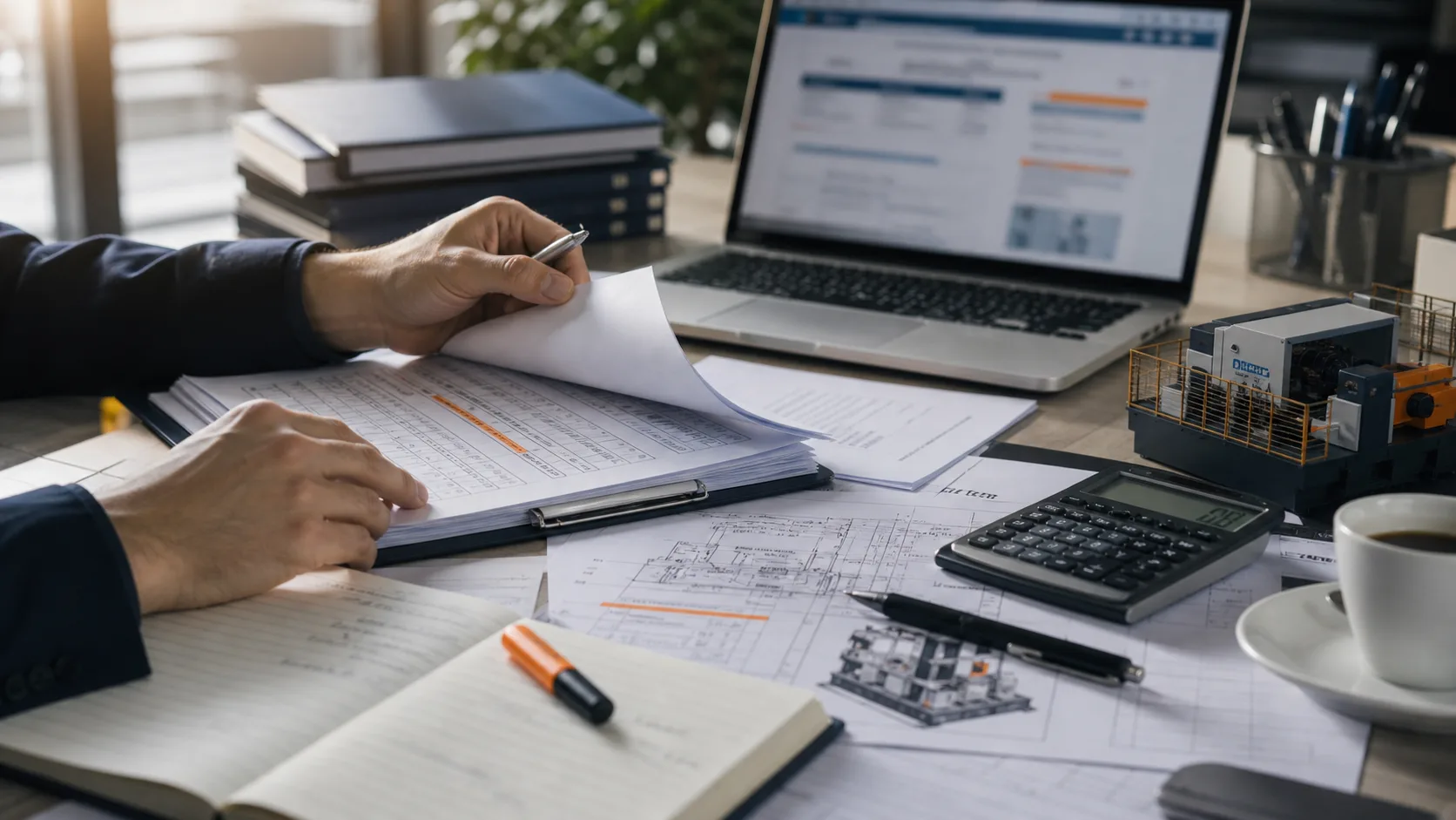 Documentazione tecnica per il Bando ISI preparata su una scrivania di consulenza: laptop con schermata non leggibile, checklist, calcolatrice e fascicoli ordinati, mani di un consulente al lavoro prima del click day, luce naturale