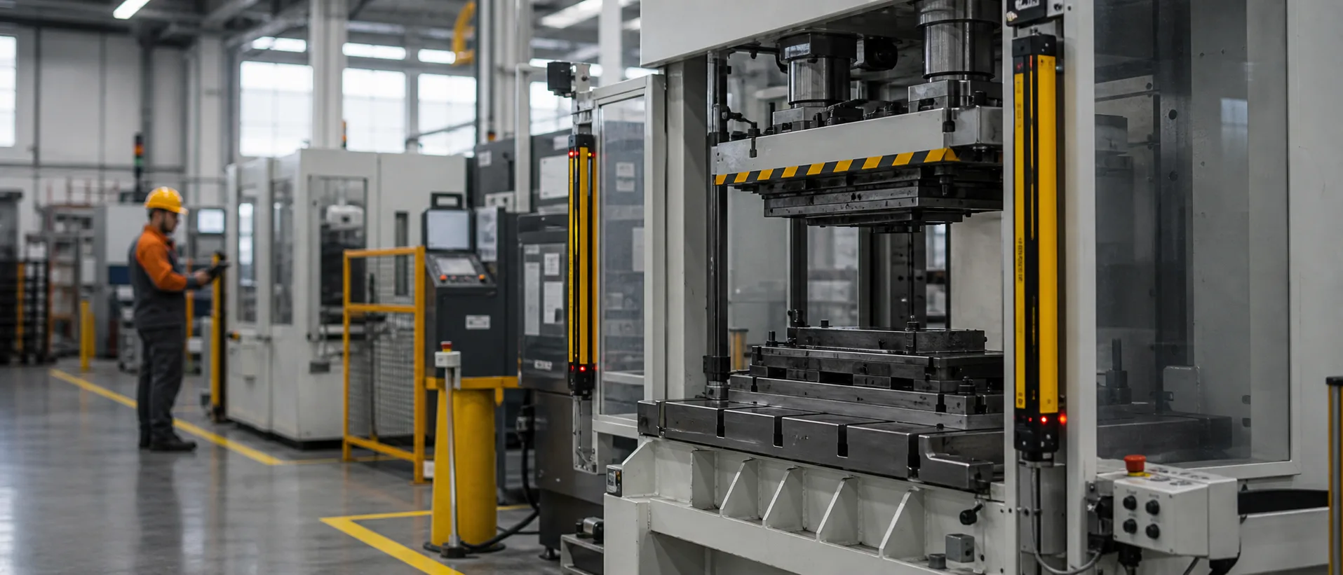 Linea di produzione metalmeccanica italiana modernizzata: una pressa industriale nuova in primo piano con barriere fotoelettriche di sicurezza ben visibili e segnaletica gialla a terra; sullo sfondo sfocato un operatore in DPI completi consulta un tablet rugged; capannone ben illuminato luce diurna mista, palette desaturata con accenti arancio sui DPI; fotografia editoriale industriale, no posa marketing, no slogan visibili