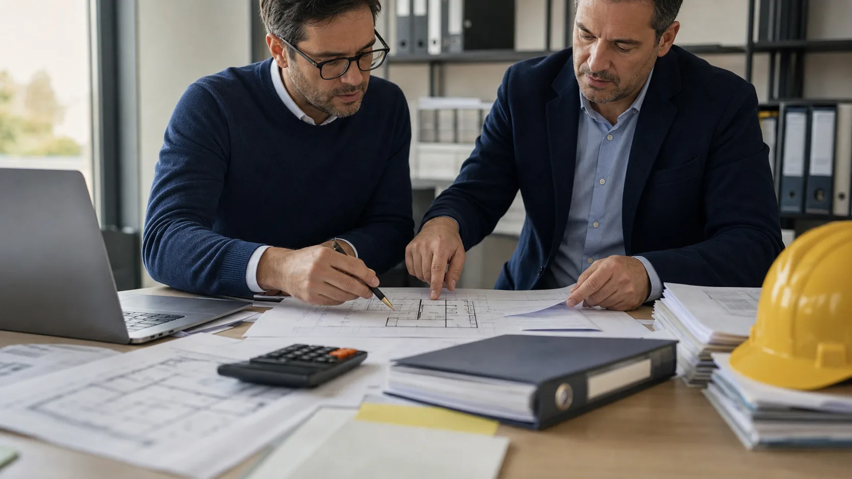 Consulente certificazioni iCura Impresa durante la preparazione di una pratica SOA e di gara: piani di cantiere, dossier, laptop e casco su un tavolo, due adulti verificano requisiti e documentazione, luce naturale e stile documentario
