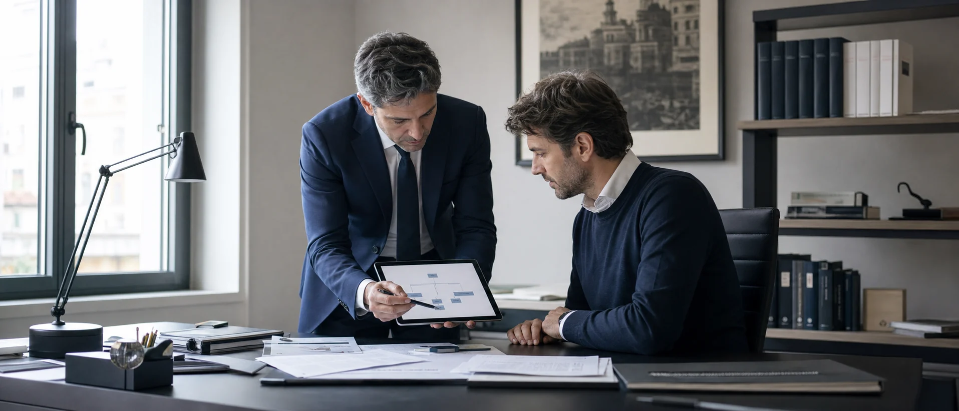 Riunione di organizzazione aziendale in un ufficio italiano: consulente adulto in abito blu navy mostra un organigramma su tablet a un imprenditore seduto alla scrivania, documenti non leggibili sul tavolo, luce naturale, atmosfera collaborativa e riservata, palette desaturata navy/grigio, fotografia documentaria professionale, no posa frontale, no sorrisi