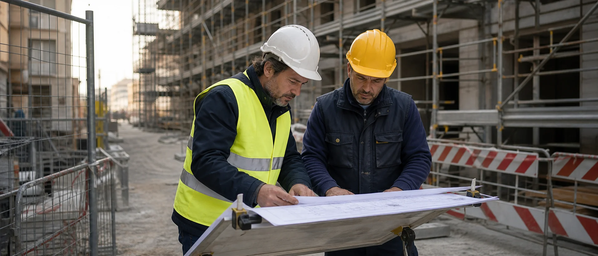 Sopralluogo di coordinamento sicurezza in un cantiere edile italiano: consulente adulto con casco bianco e gilet alta visibilità osserva planimetria e PSC su tavola portadocumenti insieme al capocantiere, ponteggi e transenne sullo sfondo, luce naturale diurna, palette desaturata navy/grigio con richiami gialli di sicurezza, fotografia documentaria professionale, no posa frontale, no sorrisi