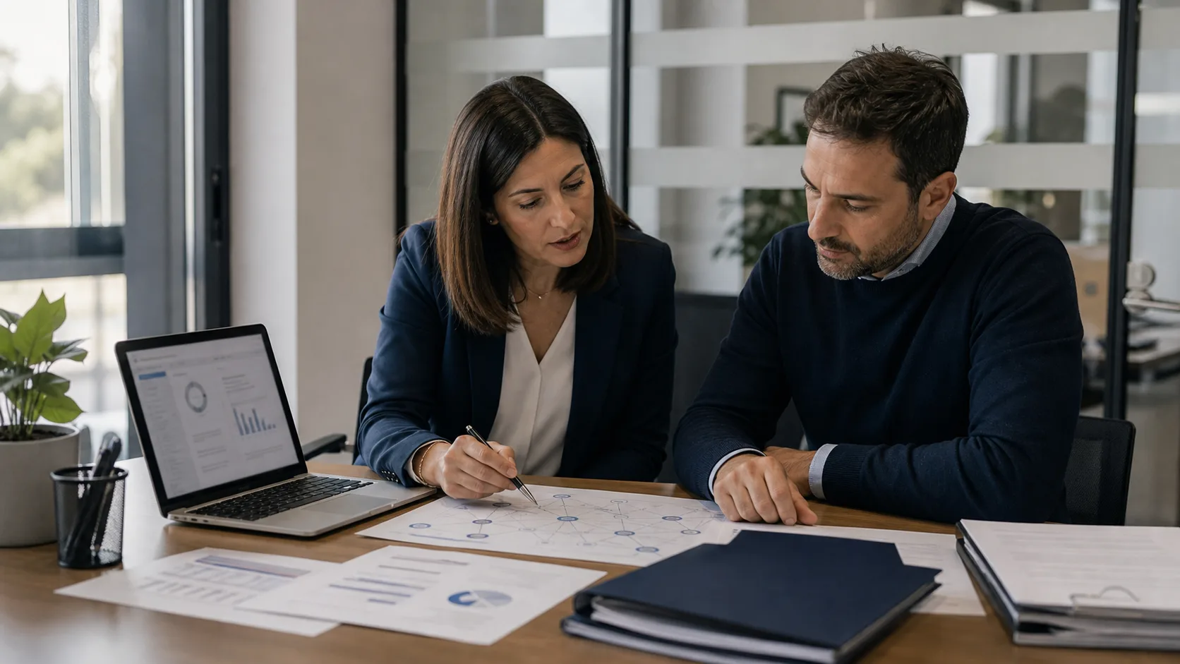 Consulente privacy iCura Impresa durante un audit GDPR in ufficio: due adulti esaminano registro trattamenti, laptop e documenti non leggibili su un tavolo ordinato, luce naturale e atmosfera riservata