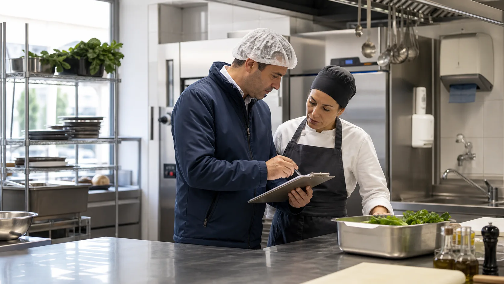 Consulente iCura Impresa durante un controllo HACCP in una cucina professionale: adulto con copricapo monouso e giacca navy verifica una checklist con il responsabile del locale, piano in acciaio e ambiente ordinato, luce naturale, fotografia documentaria professionale