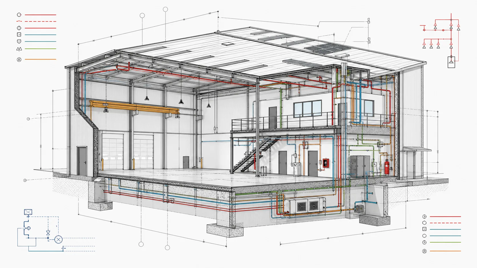 Render tecnico di una sezione architettonica: vista assonometrica di un capannone industriale con impianti elettrici e antincendio evidenziati in linee colorate sottili su sfondo bianco-grigio chiaro; quote in grigio scuro tipografia tecnica; nessuna persona, nessun testo decorativo; stile drafting CAD moderno pulito, dettaglio leggibile, no rendering iperrealistico, no ombre fotografiche